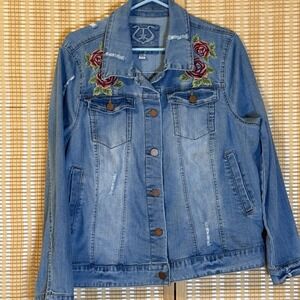 ODYN Womens XL Jean Jacket Embroidery Floral Distressed Cottagecore Western Boho